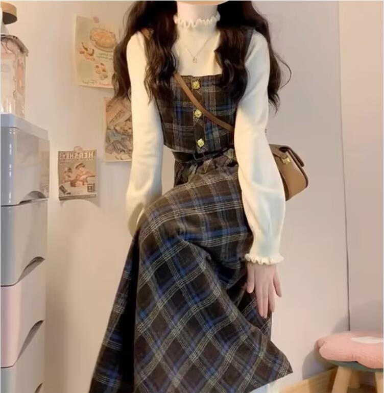 格子柄フリルメロウニットワンピース