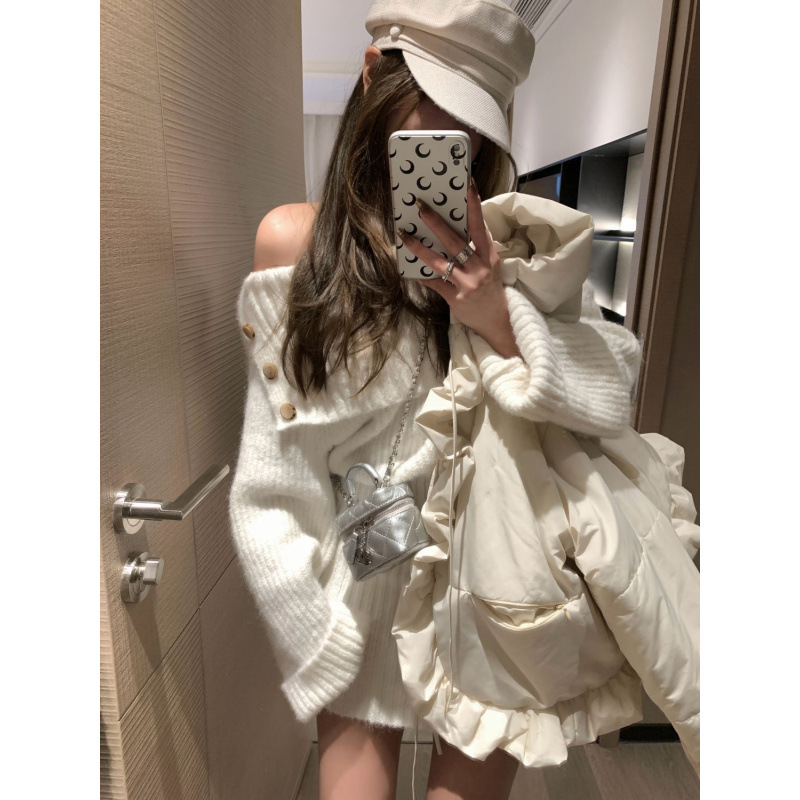 オフショルダーリブニットワンピース