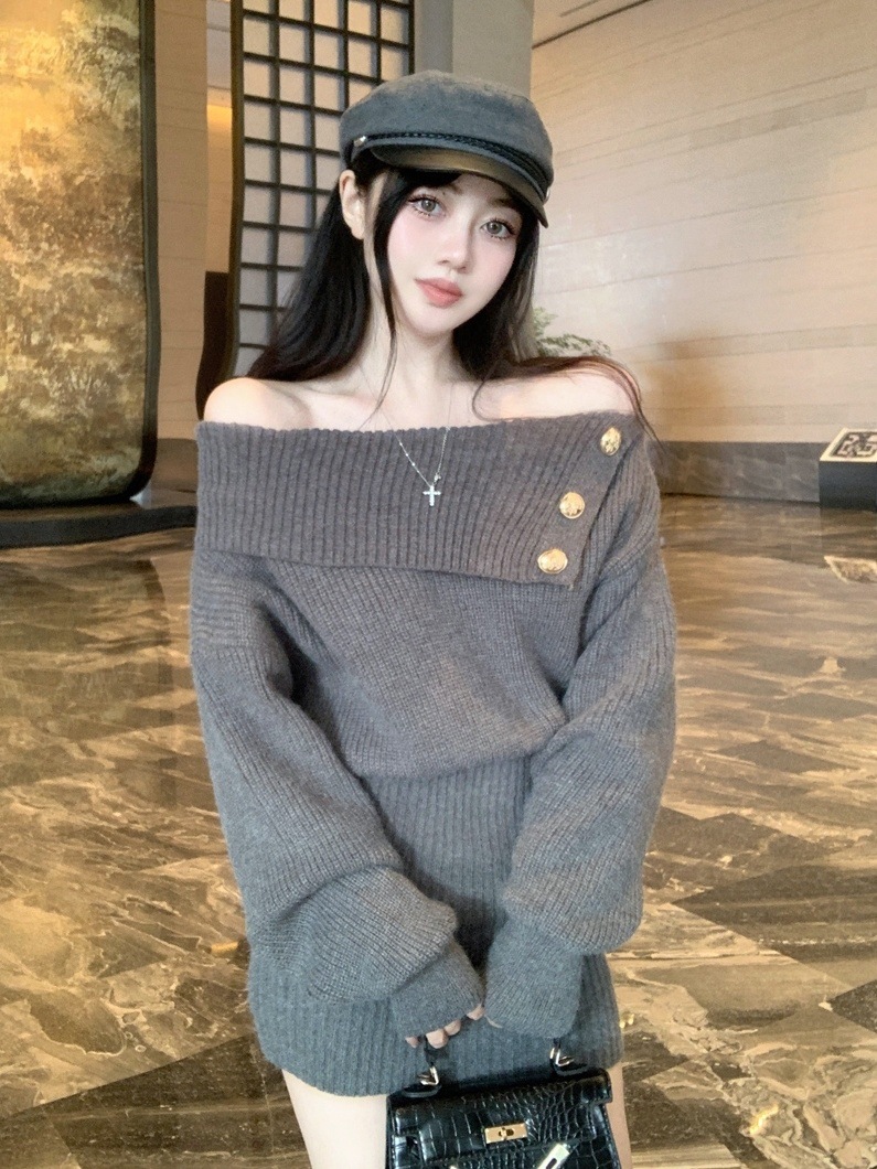 甘めボタンデザイン オフショルミニニットワンピース