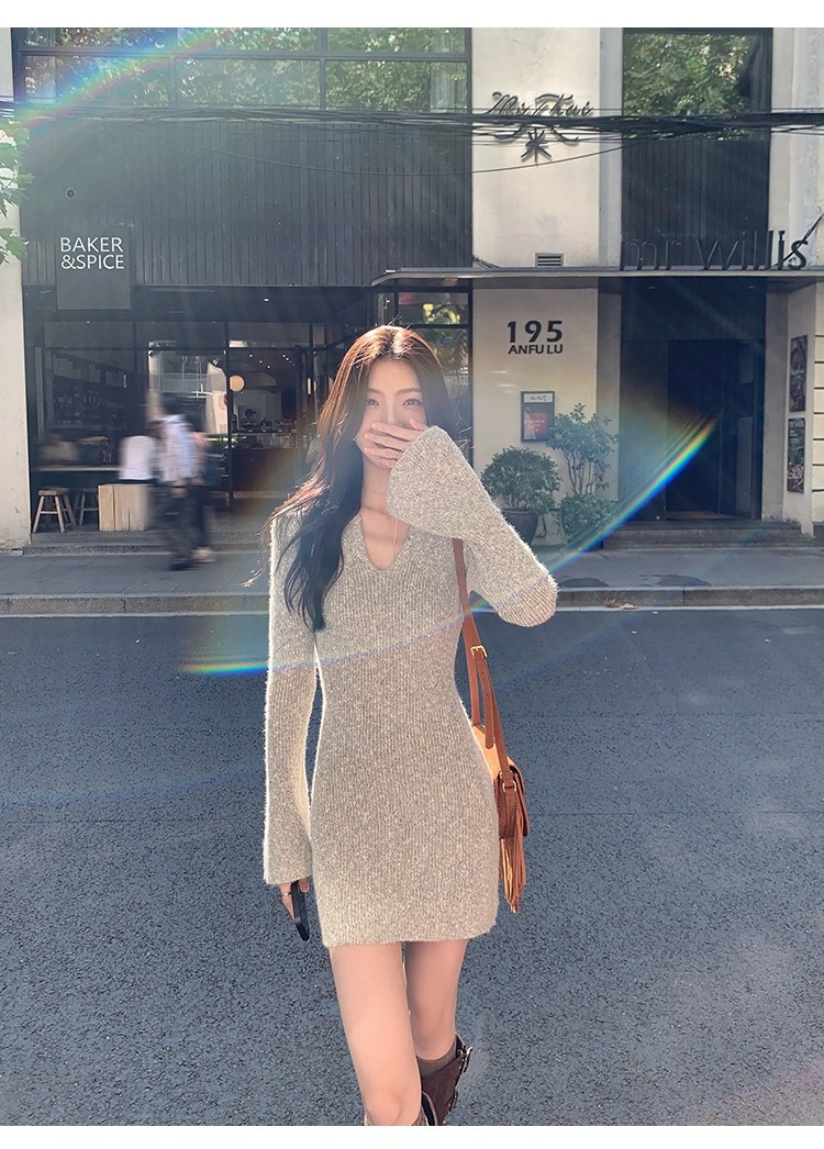 ニットワンピース 大人可愛い リブニット ベルスリーブ ワンピース