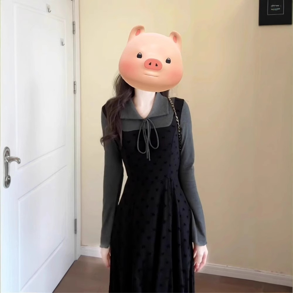 リボン襟付きニットワンピース