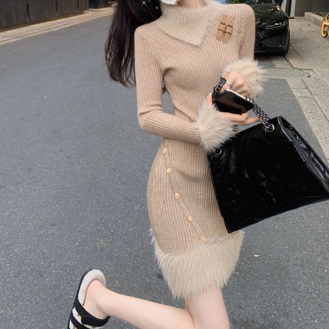 ファー装飾リブニットワンピース