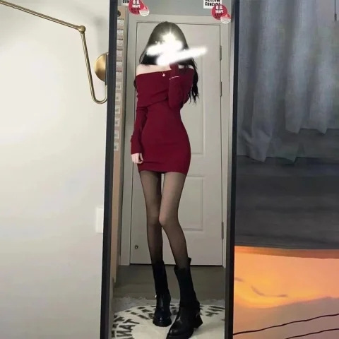 シンプル フィット ニットワンピース