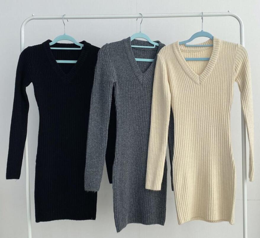 ニットワンピース 韓国風リブニット長袖ワンピース3色展開