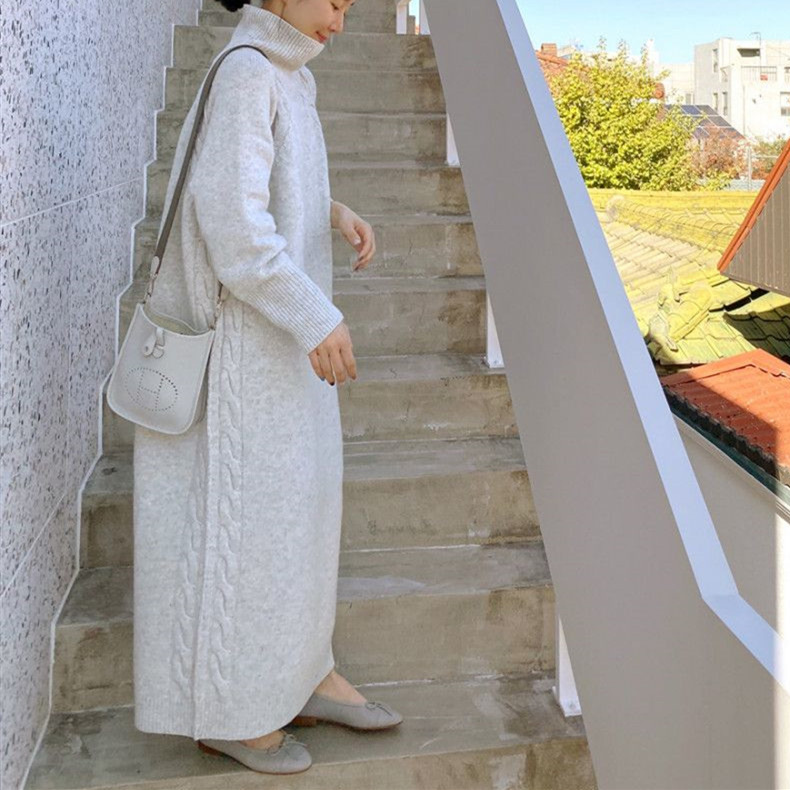 タートルネック ニットワンピース ロング丈 レディース 韓国風