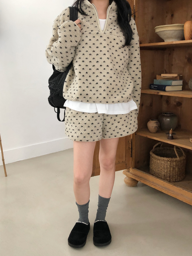 秋冬新作 可愛い花柄スタンドカラー ラムウール スウェット セットアップ