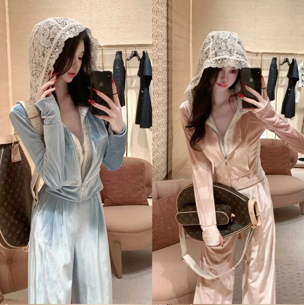 スウェット セットアップ 贅沢レース付きベロア調セットアップ