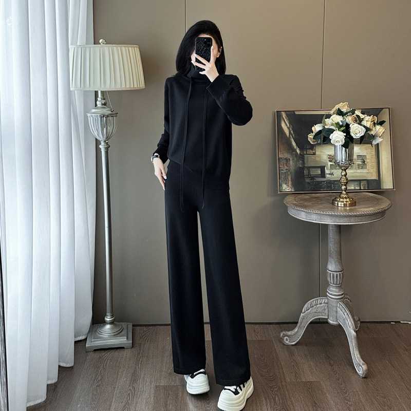 黒パンツ 黒スウェット上下セット ゆったりワイドパンツ