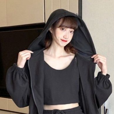 スウェットセッアップ黒スウェット三点セットレディース韓国風フード付き上下セット