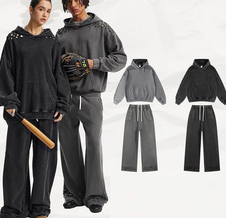 スウェット セットアップ ダメージ加工スウェット上下セット男女兼用パーカーセットアップ