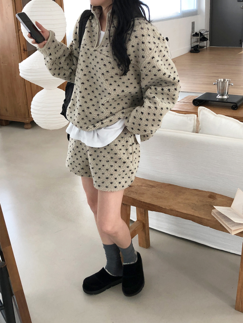 秋冬新作 可愛い花柄スタンドカラー ラムウール スウェット セットアップ