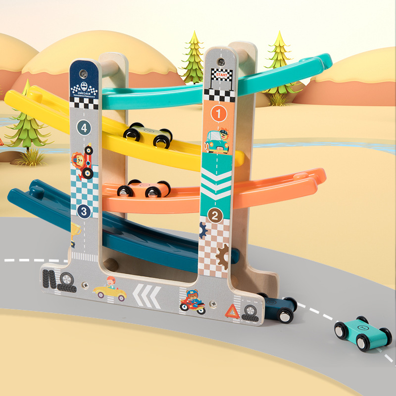知育玩具 木製四段坂道レーシングカー走行台 3歳