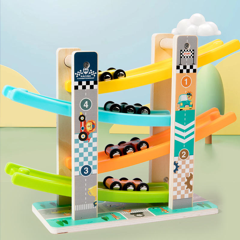 知育玩具 木製四段坂道レーシングカー走行台 3歳