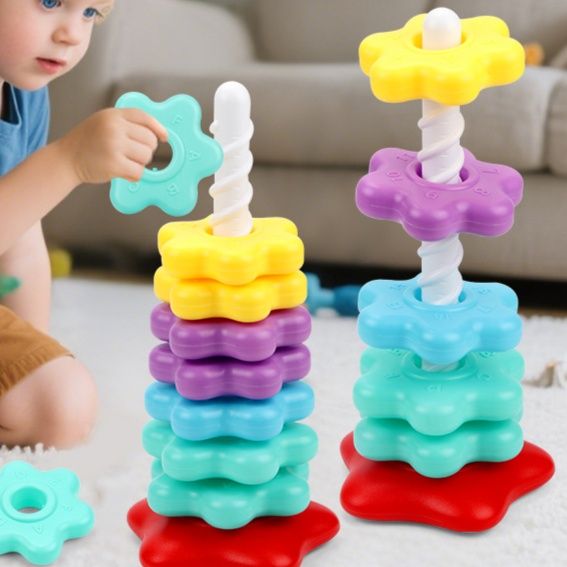 知育玩具 くるくる回転花形積み重ねタワー