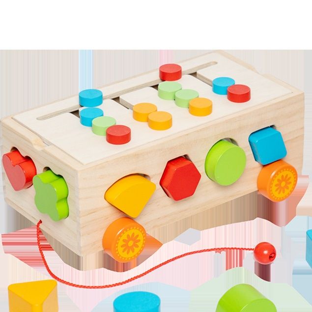 木製バス型形合わせ引っ張り積み木遊び