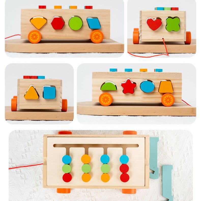 木製バス型形合わせ引っ張り積み木遊び