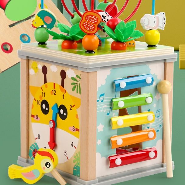 知育玩具 多機能木製モンテッソーリ学習ボックス六面体遊び