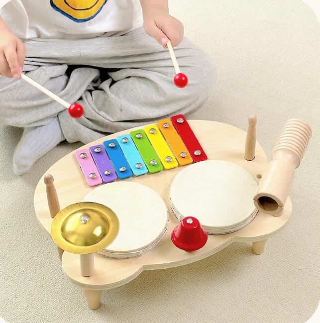 知育玩具 3歳から始める木製音楽台 太鼓と鉄琴セット