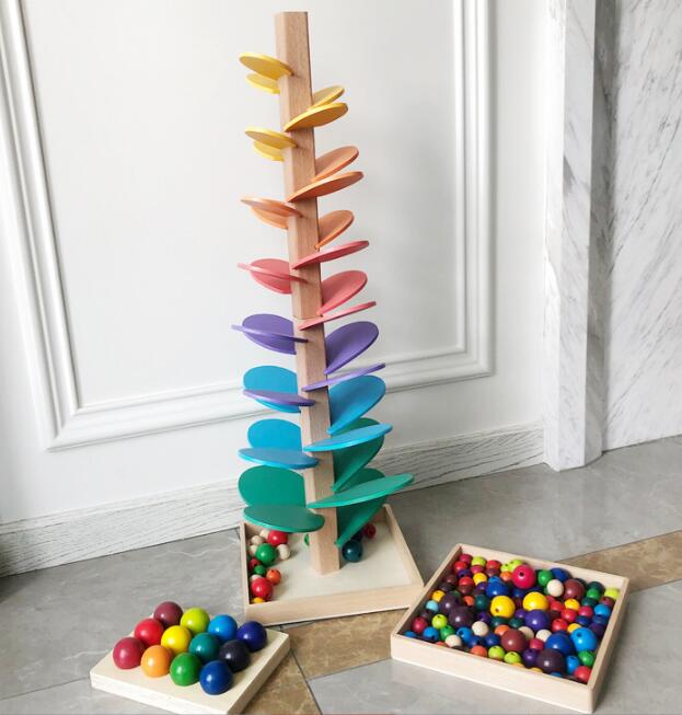 木製ビー玉転がし虹色音楽樹　知育玩具
