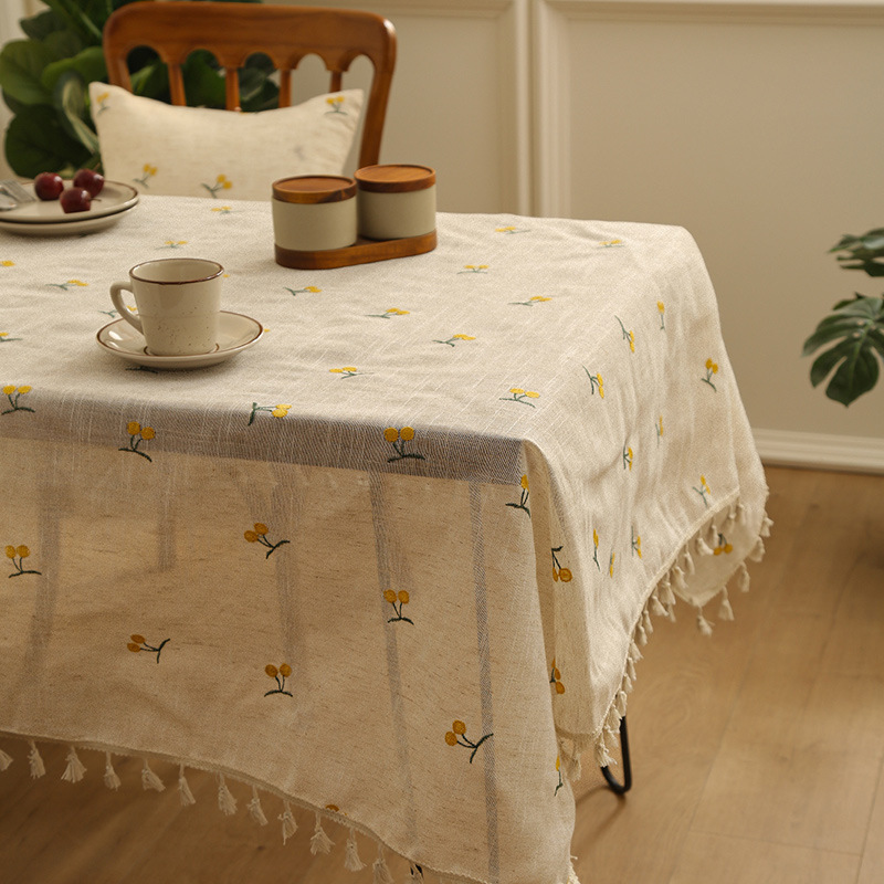 テーブルクロス フルーツ刺繍とフリンジ付きナチュラルリネンテーブル