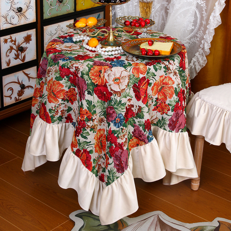 テーブルクロス 華やかな花柄プリント贅沢フリル付きテーブルクロス 布