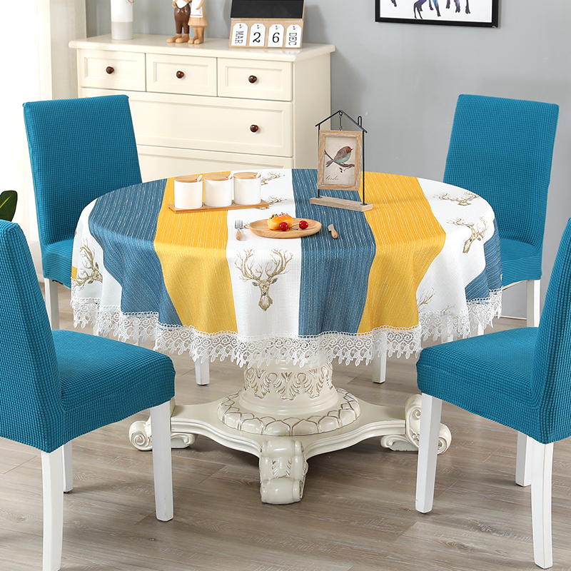 テーブルクロス 北欧風鹿刺繍レース付きストライプテーブルクロス