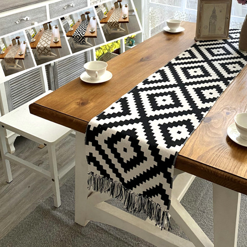 テーブルクロス 幾何学模様フリンジ付きセンタークロス