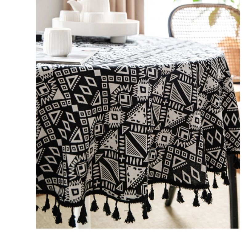 テーブルクロス 民族風幾何学模様房飾り付き円形テーブルクロス 布