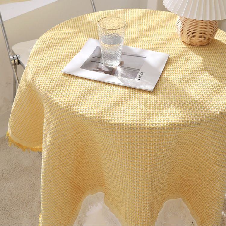 テーブルクロス ワッフル織りフリンジ付き円形テーブルクロス
