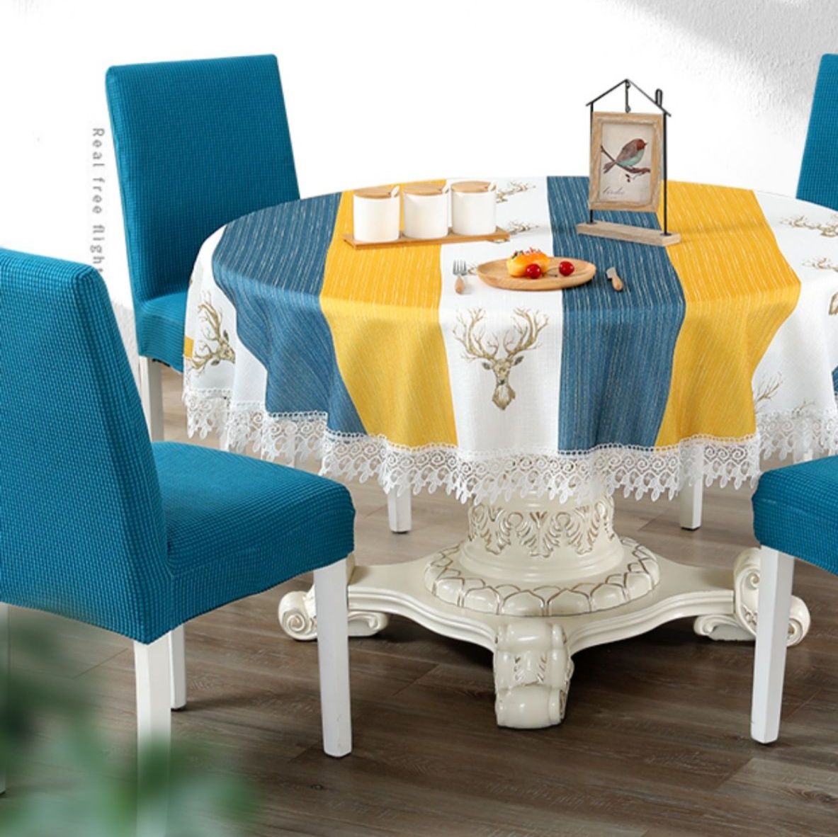 テーブルクロス 北欧風鹿刺繍レース付きストライプテーブルクロス