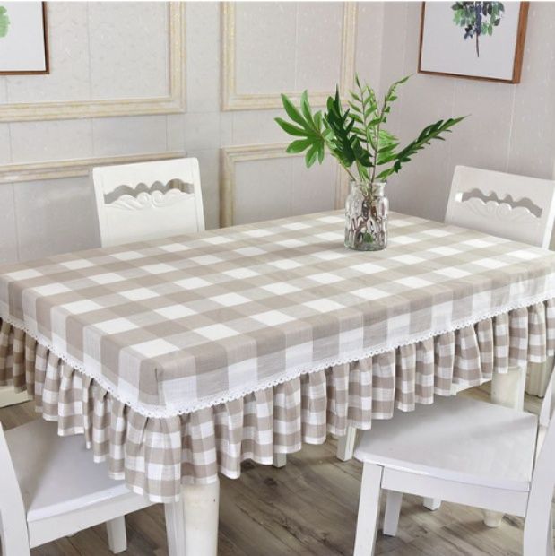 テーブルクロス 格子柄フリル付きレーステーブルクロス