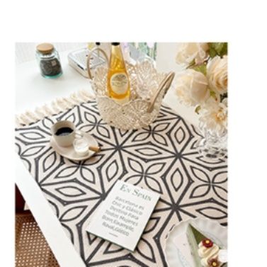 テーブルクロス 幾何学模様フリンジ付き綿麻テーブルランナー