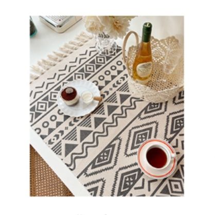 テーブルクロス 幾何学模様フリンジ付き綿麻テーブルランナー