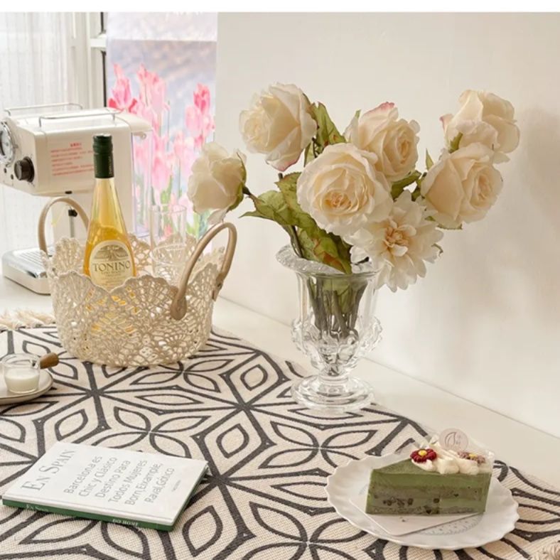 テーブルクロス 幾何学模様フリンジ付き綿麻テーブルランナー