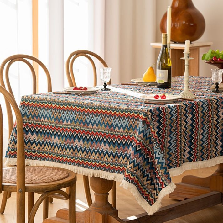 テーブルクロス 民族風ジグザグ模様フリンジ付きテーブルクロス布