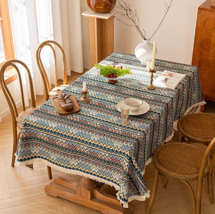 テーブルクロス 民族風ジグザグ模様フリンジ付きテーブルクロス布