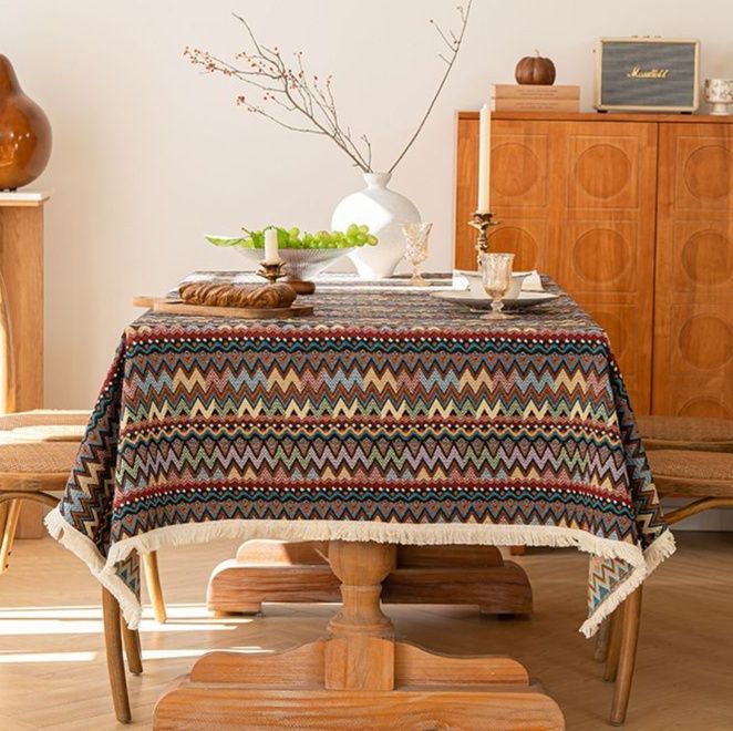 テーブルクロス 民族風ジグザグ模様フリンジ付きテーブルクロス布