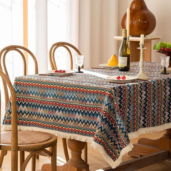 テーブルクロス 民族風ジグザグ模様フリンジ付きテーブルクロス布