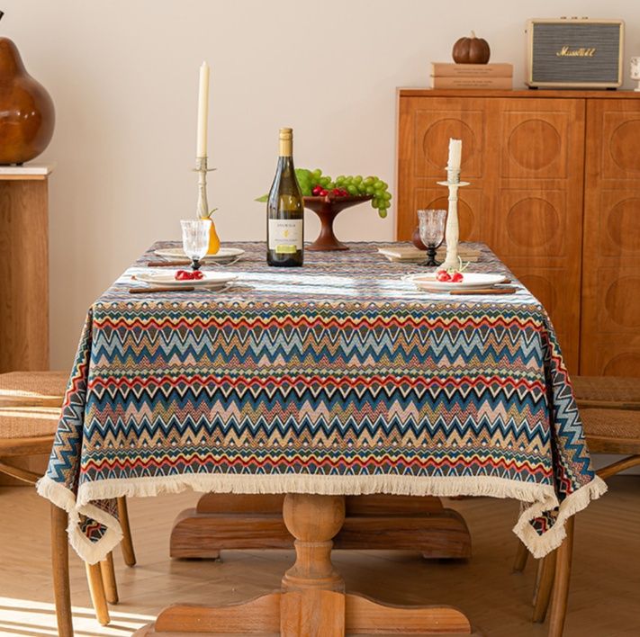 テーブルクロス 民族風ジグザグ模様フリンジ付きテーブルクロス布