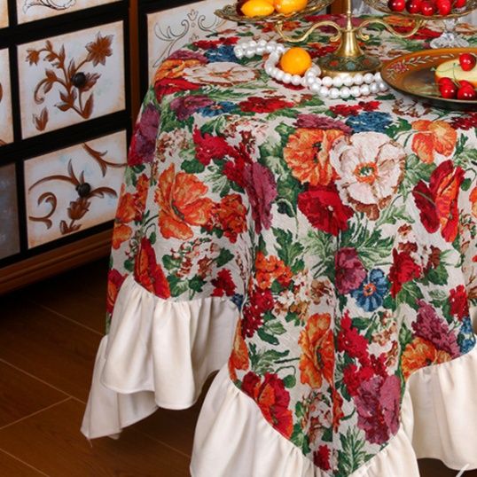 テーブルクロス 華やかな花柄プリント贅沢フリル付きテーブルクロス 布