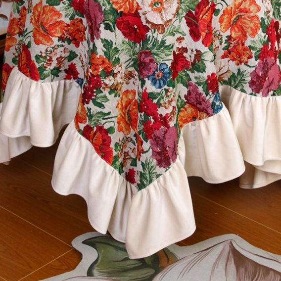 テーブルクロス 華やかな花柄プリント贅沢フリル付きテーブルクロス