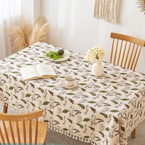テーブルクロス ボタニカル柄タッセル付き綿麻テーブル布
