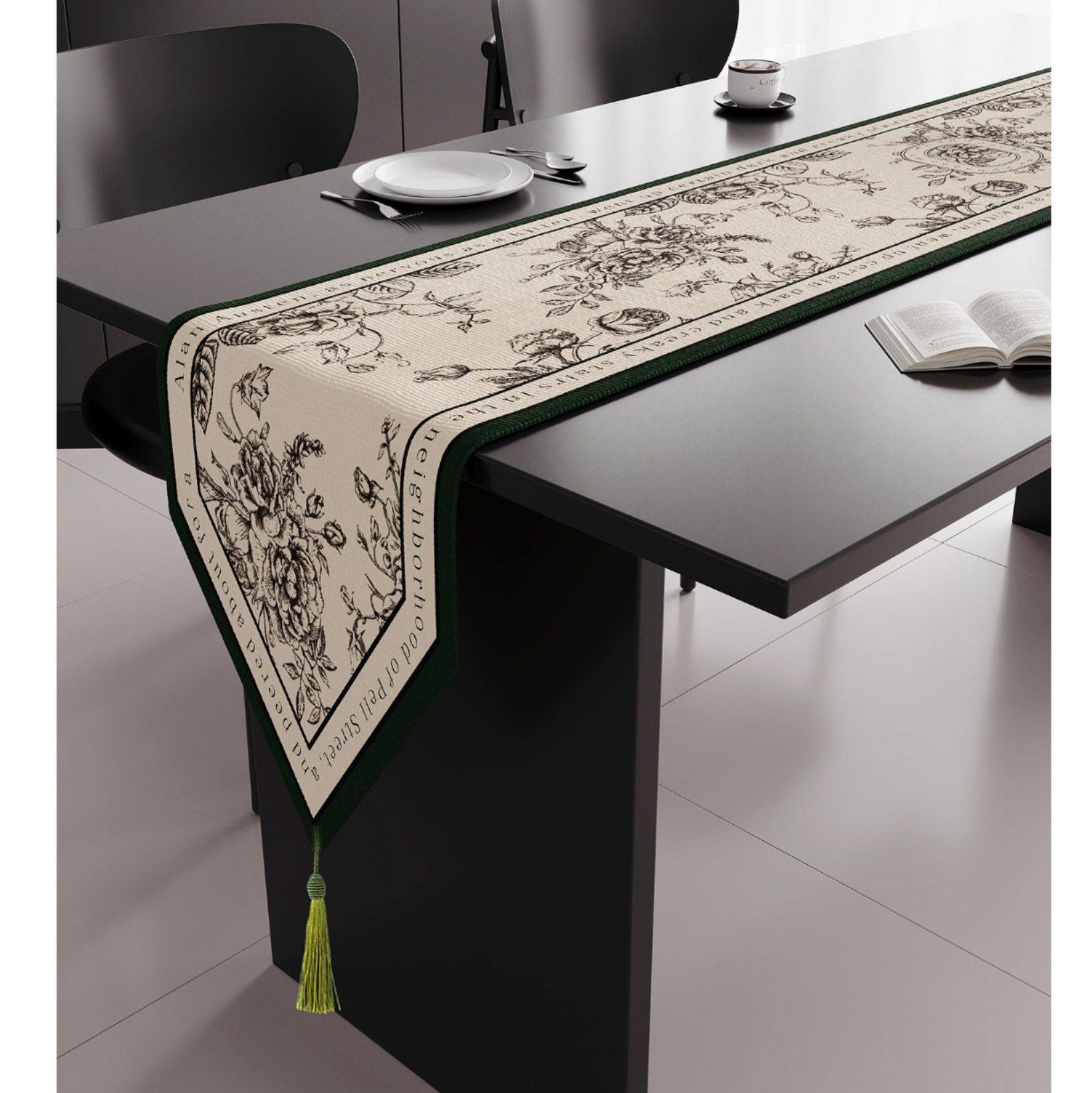 テーブルクロス フルーツ刺繍とフリンジ付きナチュラルリネンテーブル