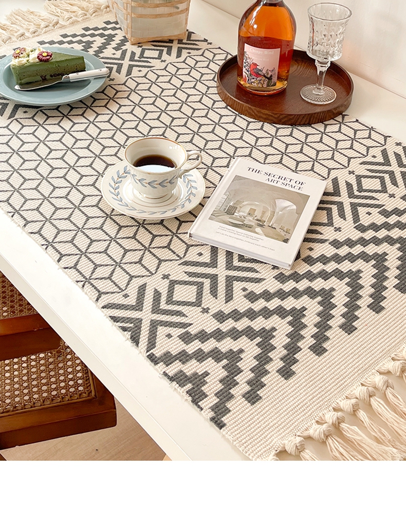 テーブルクロス 幾何学模様フリンジ付き綿麻テーブルランナー
