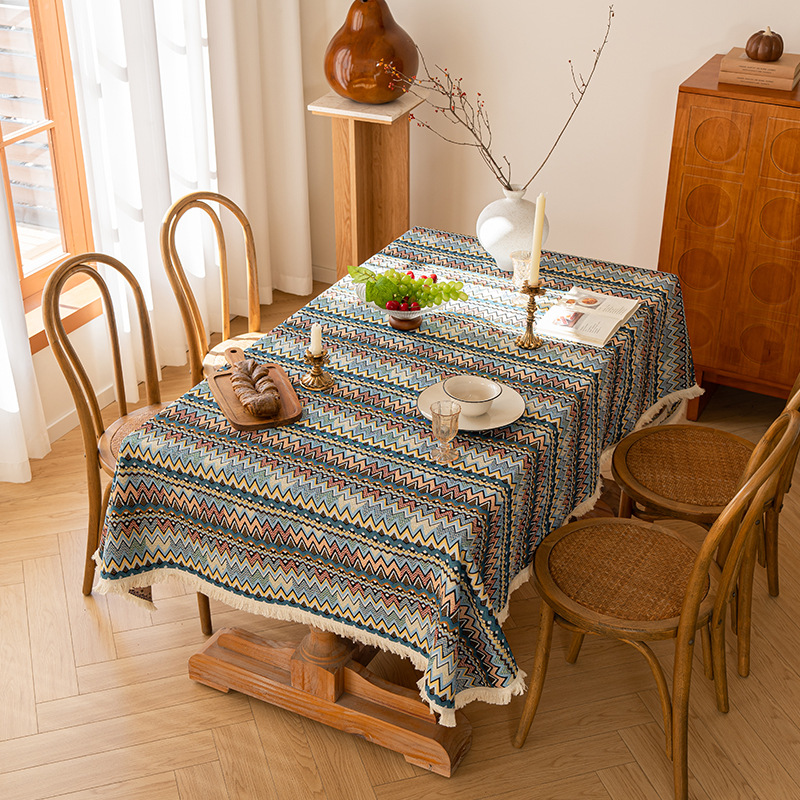 テーブルクロス 民族風ジグザグ模様フリンジ付きテーブルクロス布