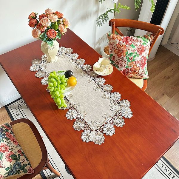 テーブルクロス 花柄刺繍レース縁取りリネン風センタークロス センター