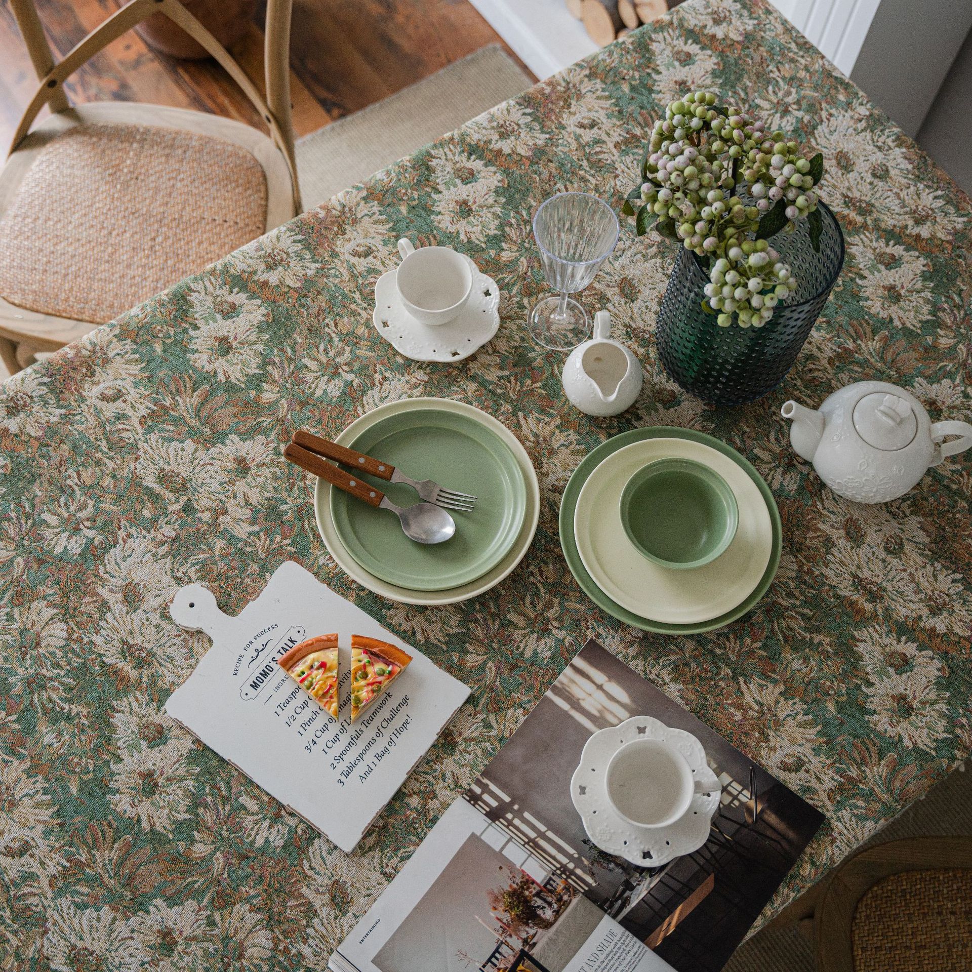 テーブルクロス 熱帯植物柄ジャガード織り房飾り付きテーブルクロス布