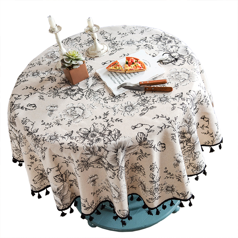 テーブルクロス 花柄線描きタッセル付き円形テーブルクロス