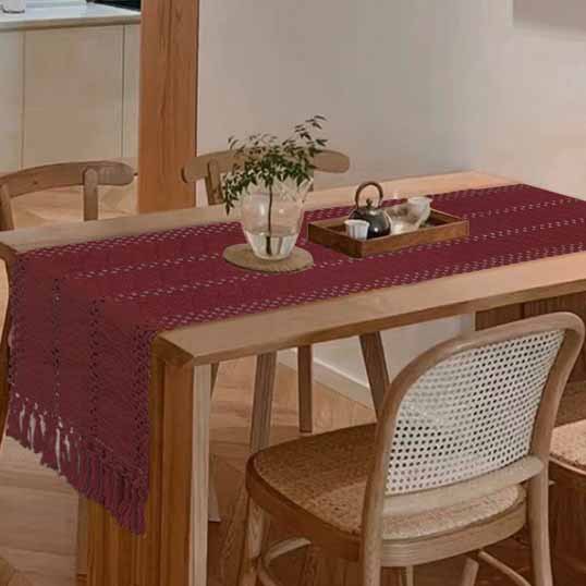 テーブルクロス 透かし編み手織り風フリンジ付きセンタークロス