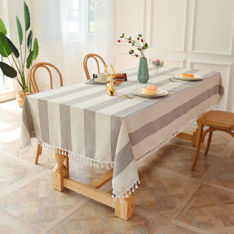 テーブルクロス 縦縞模様タッセル付き円形テーブルクロス布